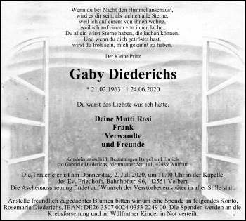 Traueranzeige von Gaby Diederichs von WVW Anzeigenblätter