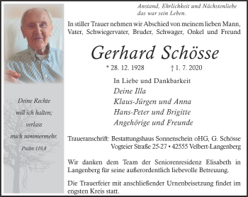 Traueranzeige von Gerhard Schösse von WVW Anzeigenblätter