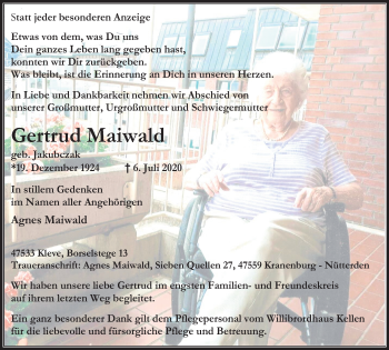 Traueranzeige von Gertrud Maiwald von WVW Anzeigenblätter