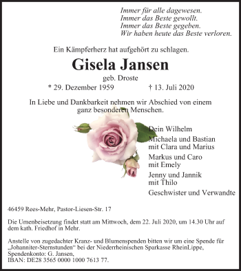 Traueranzeige von Gisela Jansen von WVW Anzeigenblätter