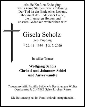 Traueranzeige von Gisela Scholz von WVW Anzeigenblätter