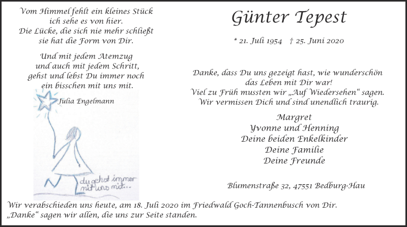  Traueranzeige für Günter Tepest vom 18.07.2020 aus WVW Anzeigenblätter