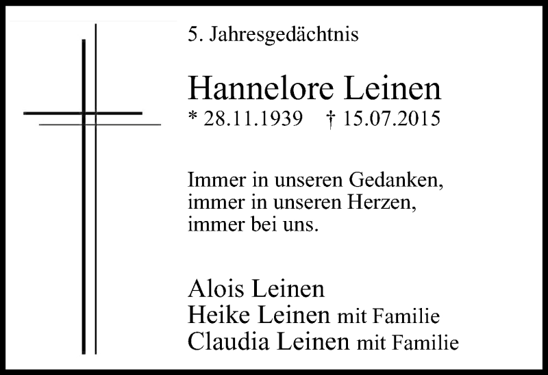  Traueranzeige für Hannelore Leinen vom 18.07.2020 aus WVW Anzeigenblätter