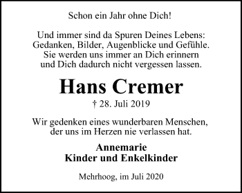 Traueranzeige von Hans Cremer von WVW Anzeigenblätter
