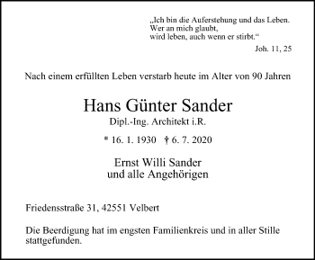 Traueranzeige von Hans Günter Sander von WVW Anzeigenblätter