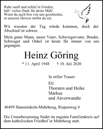 Traueranzeige von Heinz Göring von WVW Anzeigenblätter