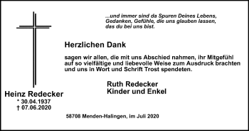 Traueranzeige von Heinz Redecker von WVW Anzeigenblätter