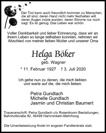 Traueranzeige von Helga Böker von WVW Anzeigenblätter