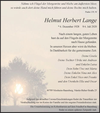 Traueranzeige von Helmut Herbert Lange von WVW Anzeigenblätter