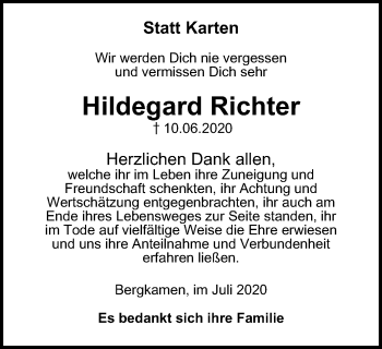 Traueranzeige von Hildegard Richter von WVW Anzeigenblätter