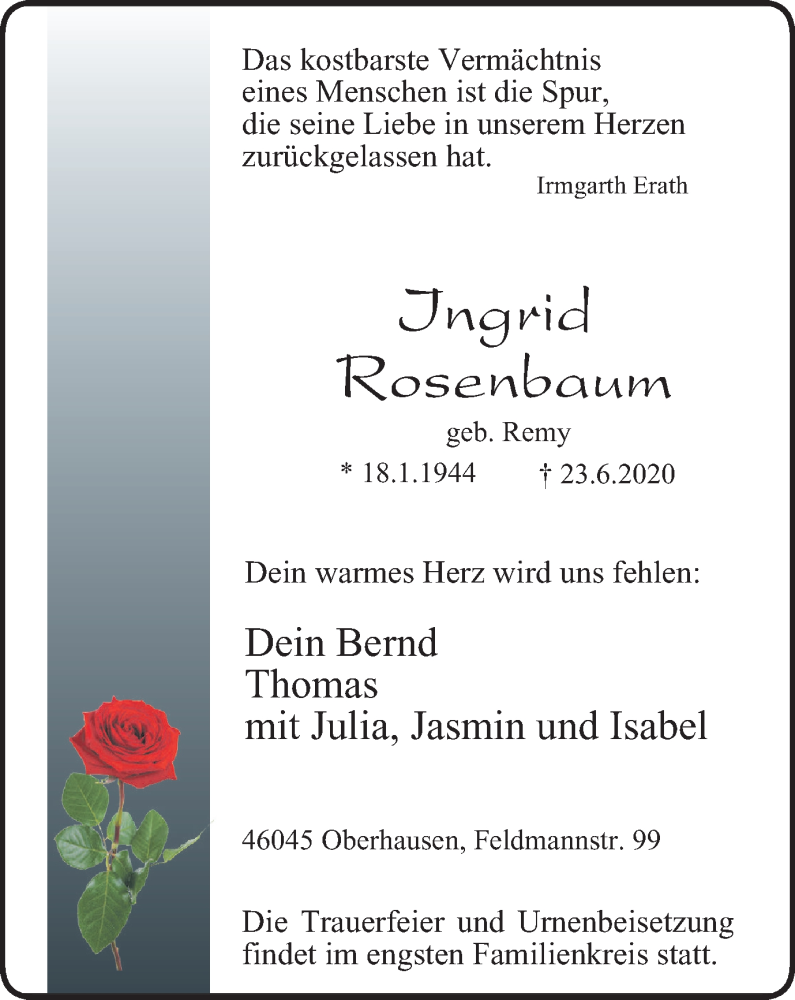  Traueranzeige für Ingrid Rosenbaum vom 04.07.2020 aus WVW Anzeigenblätter