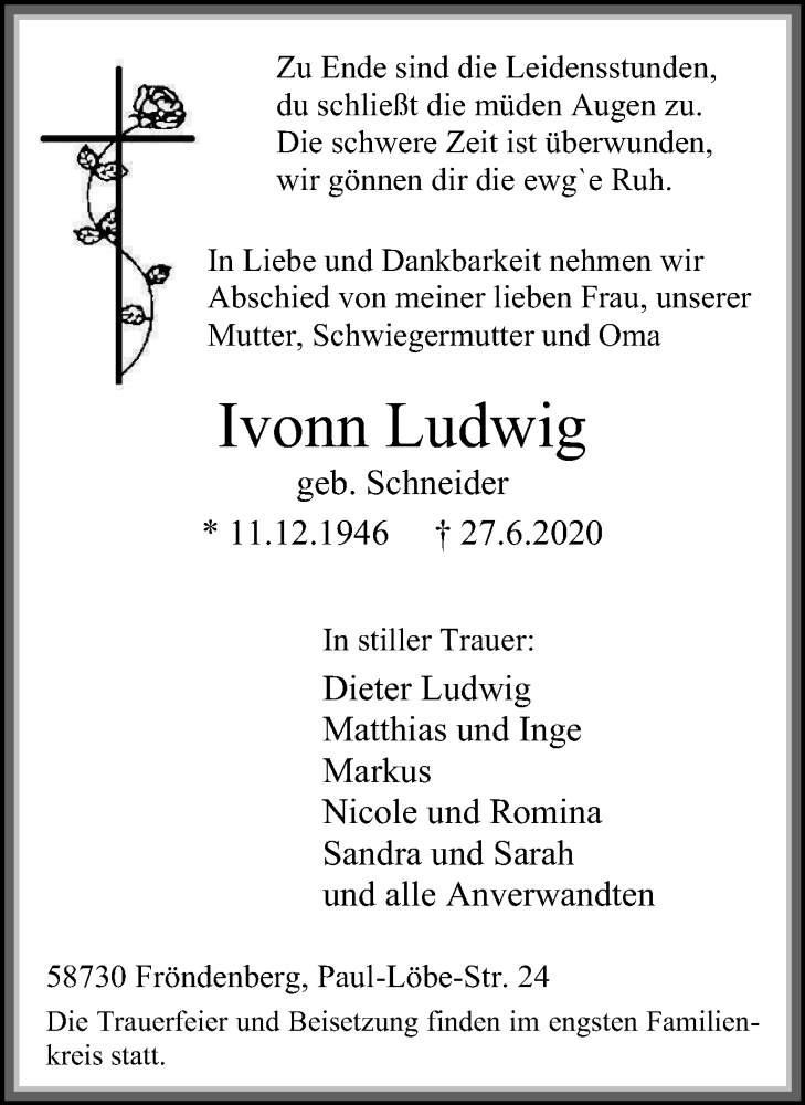  Traueranzeige für Ivonn Ludwig vom 01.07.2020 aus WVW Anzeigenblätter