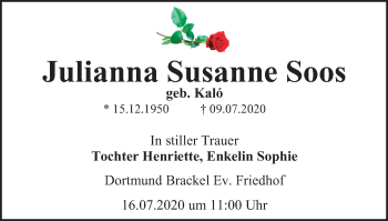 Traueranzeige von Julianna Susanne Soos von WVW Anzeigenblätter