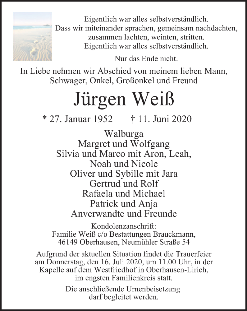  Traueranzeige für Jürgen Weiß vom 11.07.2020 aus WVW Anzeigenblätter