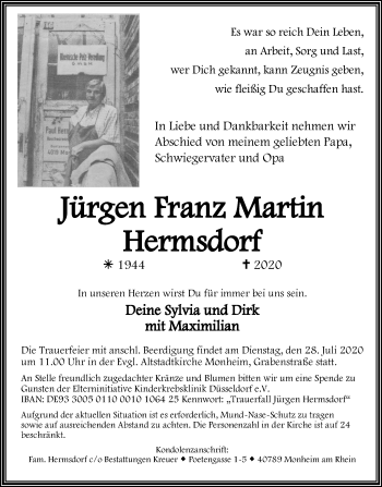 Traueranzeige von Jürgen Franz Martin Hermsdorf von WVW Anzeigenblätter