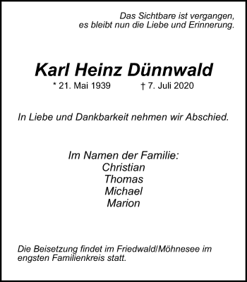 Traueranzeige von Karl Heinz Dünnwald von WVW Anzeigenblätter