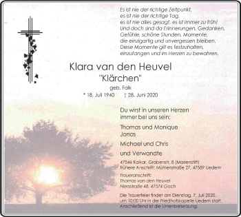 Traueranzeige von Klara van den Heuvel von WVW Anzeigenblätter