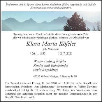 Traueranzeige von Klara Maria Köfeler von WVW Anzeigenblätter