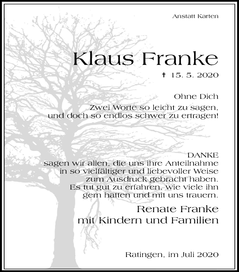  Traueranzeige für Klaus Franke vom 02.07.2020 aus WVW Anzeigenblätter