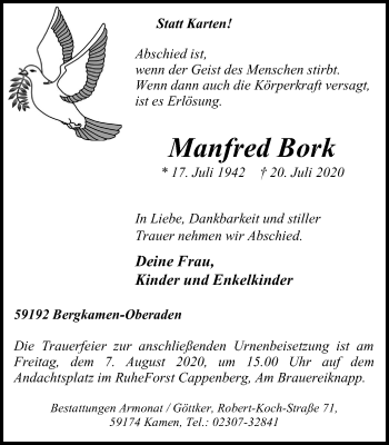 Traueranzeige von Manfred Bork von WVW Anzeigenblätter