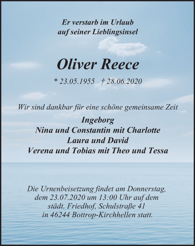  Traueranzeige für Oliver Reece vom 18.07.2020 aus WVW Anzeigenblätter