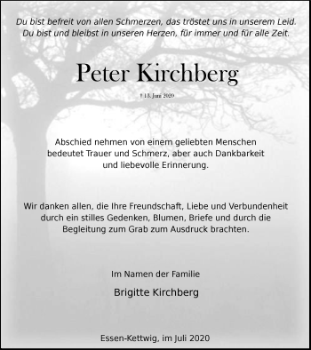Traueranzeige von Peter Kirchberg von WVW Anzeigenblätter