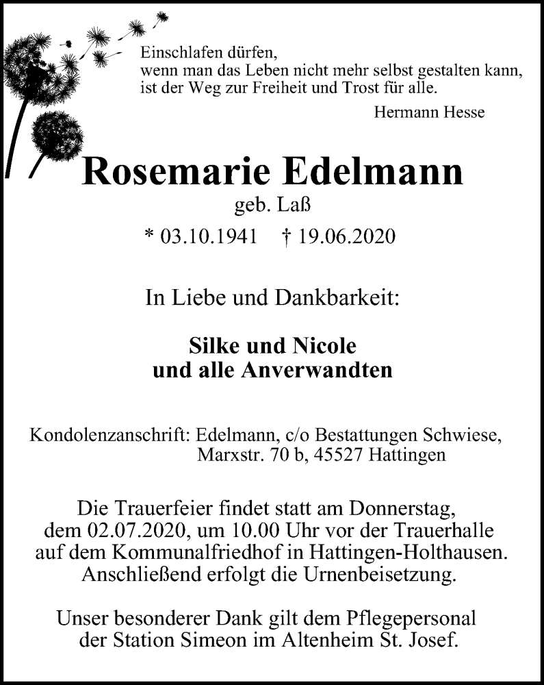  Traueranzeige für Rosemarie Edelmann vom 01.07.2020 aus WVW Anzeigenblätter