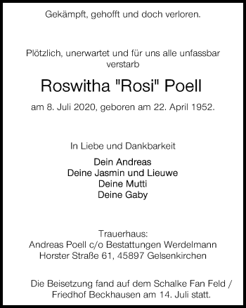 Traueranzeige von Roswitha Poell von WVW Anzeigenblätter