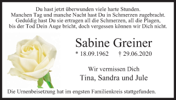 Traueranzeige von Sabine Greiner von WVW Anzeigenblätter