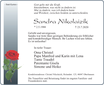 Traueranzeige von Sandra Nikolaizik von WVW Anzeigenblätter