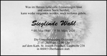 Traueranzeige von Sieglinde Wahl von WVW Anzeigenblätter