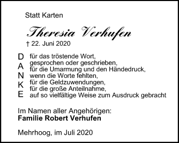 Traueranzeige von Theresia Verhufen von WVW Anzeigenblätter