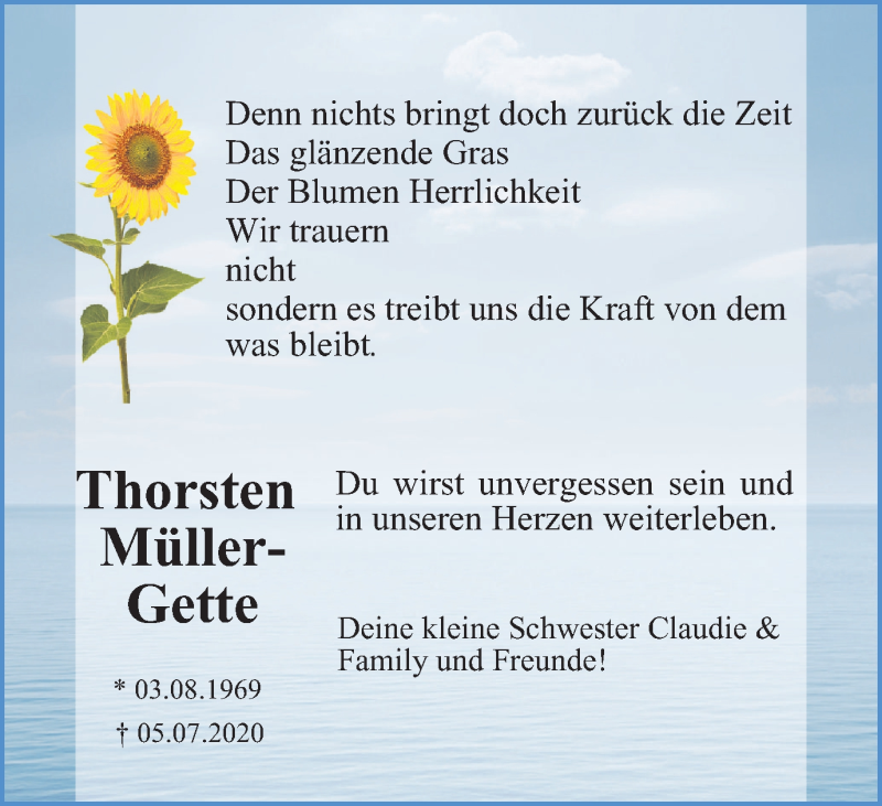  Traueranzeige für Thorsten Müller-Gette vom 25.07.2020 aus WVW Anzeigenblätter