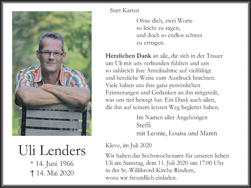  Traueranzeige für Uli Lenders vom 04.07.2020 aus WVW Anzeigenblätter