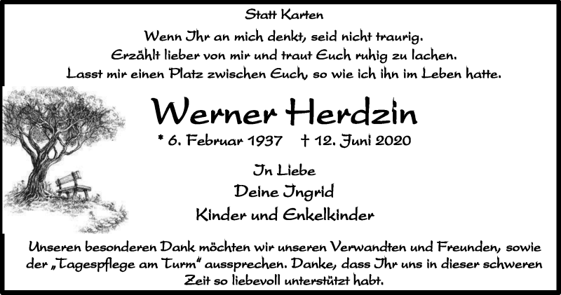  Traueranzeige für Werner Herdzin vom 11.07.2020 aus WVW Anzeigenblätter