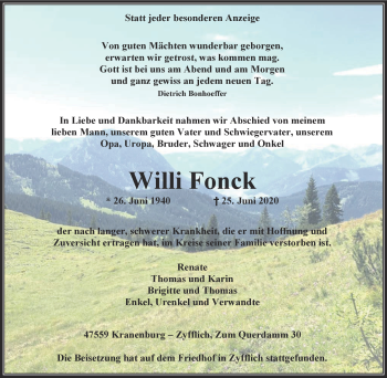 Traueranzeige von Willi Fonck von WVW Anzeigenblätter