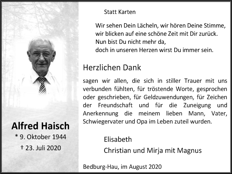  Traueranzeige für Alfred Haisch vom 29.08.2020 aus WVW Anzeigenblätter