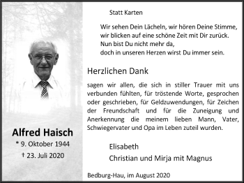 Traueranzeige von Alfred Haisch von WVW Anzeigenblätter