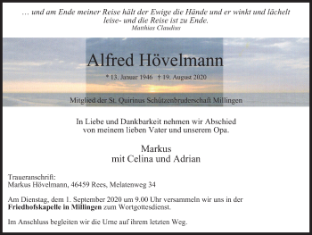 Traueranzeige von Alfred Hövelmann von WVW Anzeigenblätter