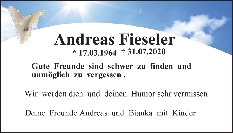  Traueranzeige für Andreas Fieseler vom 05.08.2020 aus WVW Anzeigenblätter