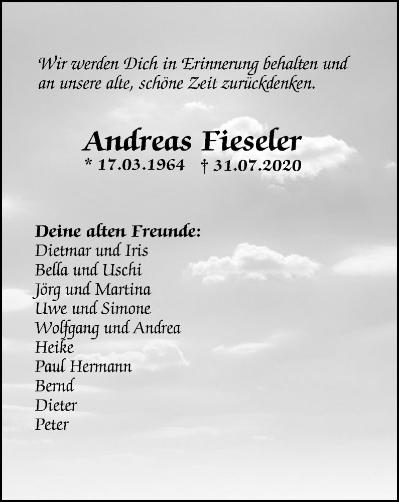  Traueranzeige für Andreas Fieseler vom 08.08.2020 aus WVW Anzeigenblätter