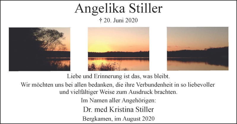  Traueranzeige für Angelika Stiller vom 05.08.2020 aus WVW Anzeigenblätter