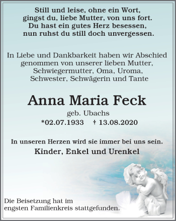 Traueranzeige von Anna Maria Feck von WVW Anzeigenblätter