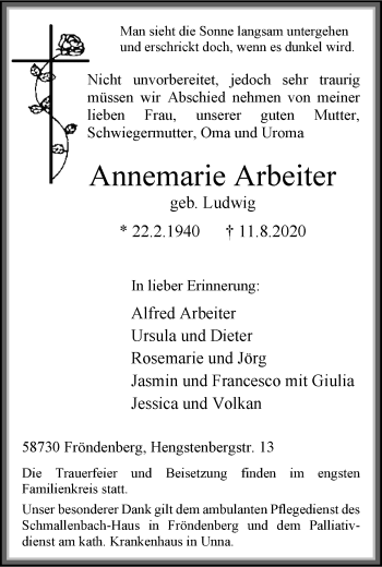 Traueranzeige von Annemarie Arbeiter von WVW Anzeigenblätter