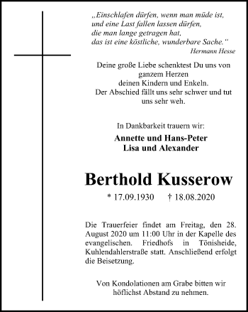 Traueranzeige von Berthold Kusserow von WVW Anzeigenblätter