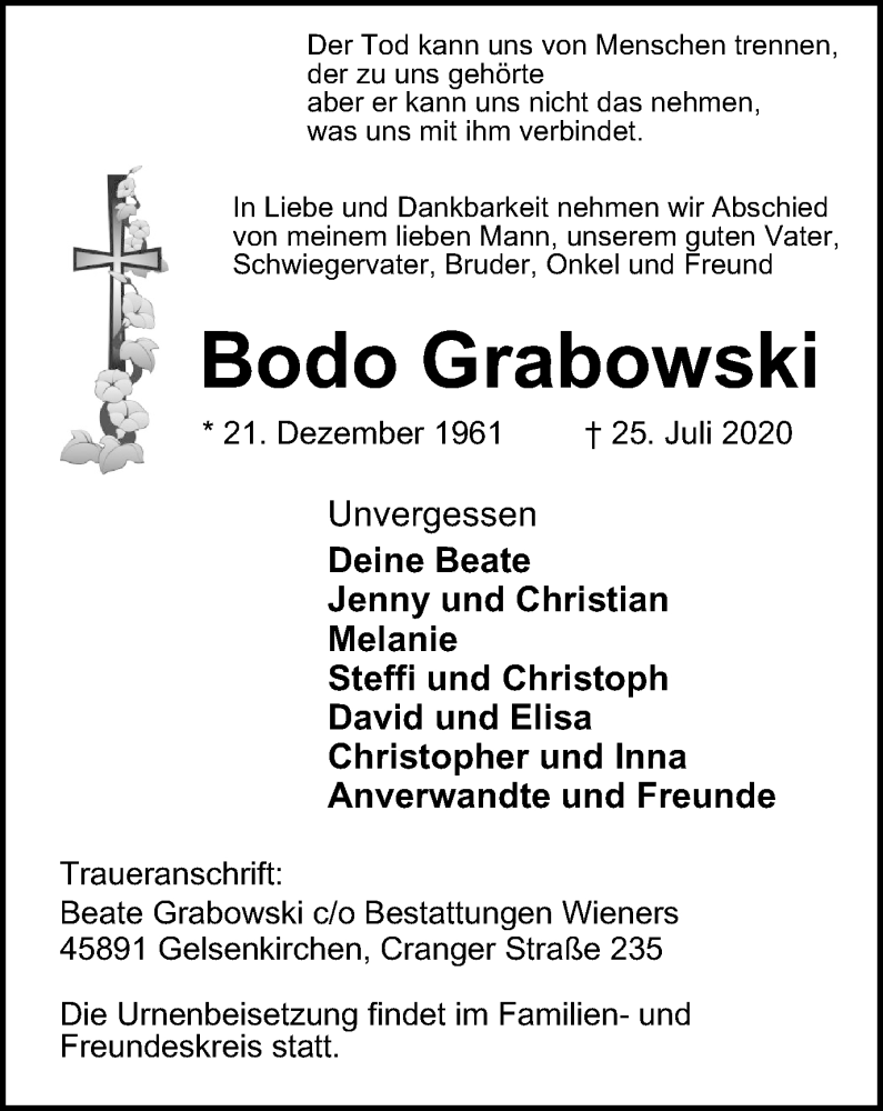  Traueranzeige für Bodo Grabowski vom 01.08.2020 aus WVW Anzeigenblätter