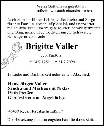 Traueranzeige von Brigitte Valler von WVW Anzeigenblätter