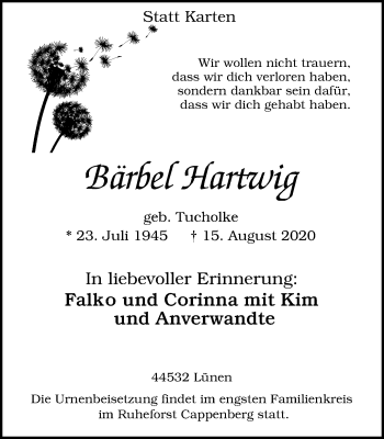 Traueranzeige von Bärbel Hartwig von WVW Anzeigenblätter