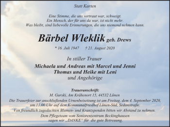 Traueranzeige von Bärbel Wleklik von WVW Anzeigenblätter
