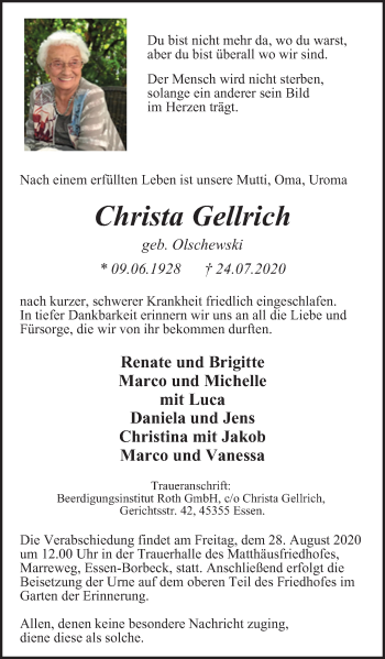 Traueranzeige von Christa Gellrich von WVW Anzeigenblätter